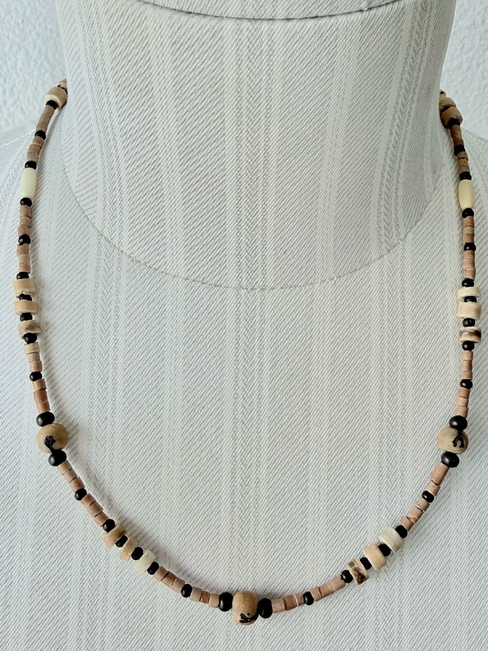 Vintage Earthy Wooden Bead Necklace Boho Tribal Neutral Layering Choker 18"